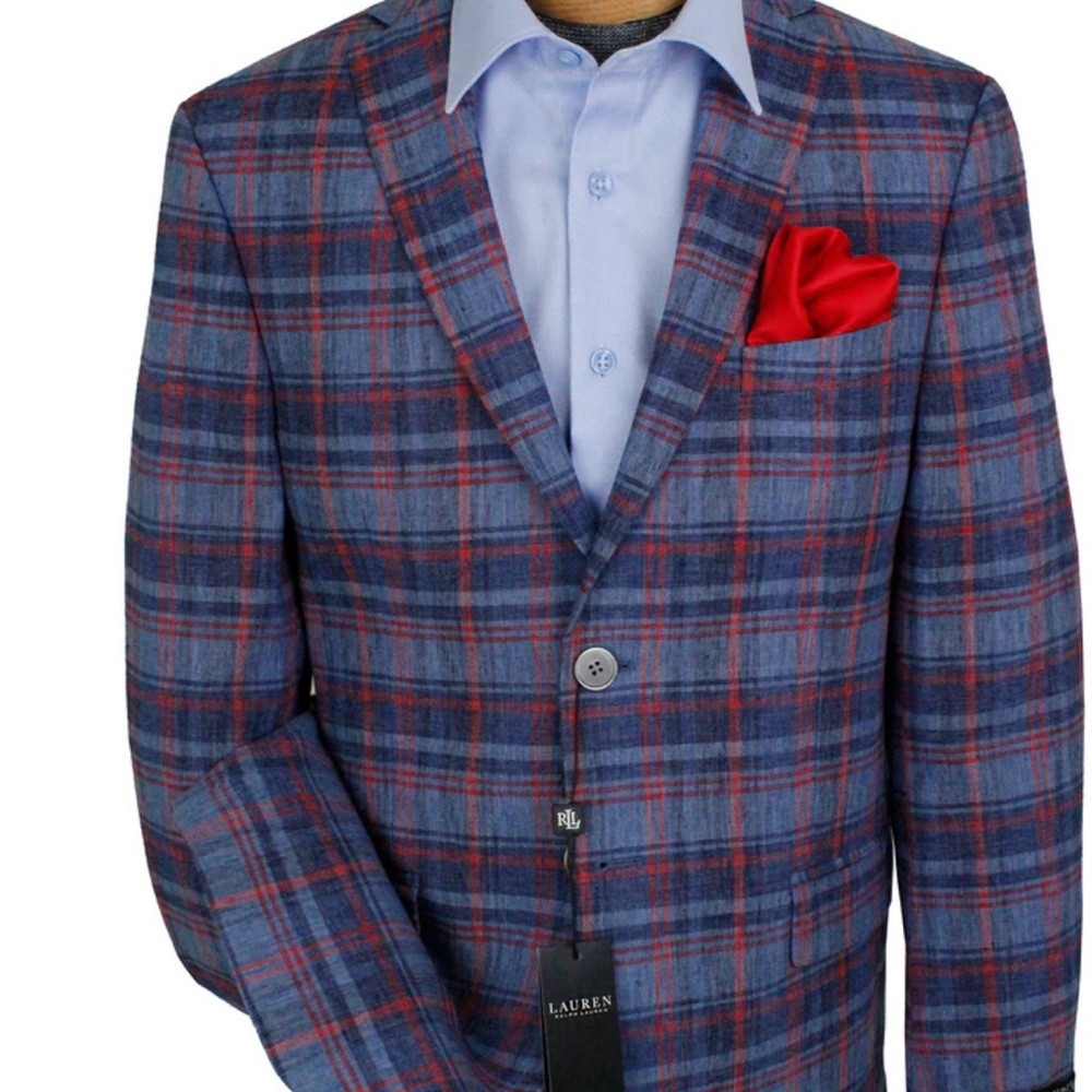 Lauren Ralph Lauren Boys Blue Plaid Blazer with Red Pocket Square